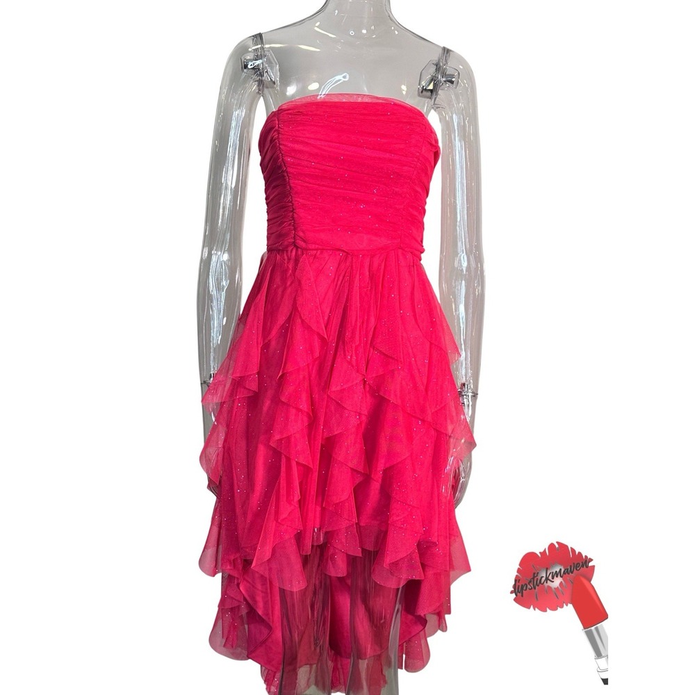 Vintage Y2K Dress Size 11 Hot Pink Sleeveless Tube Top Ruffle Hem Fairy Core 00s